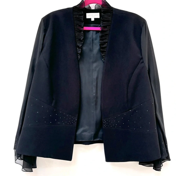 Vintage Junnie Leigh  Open Front Evening Blazer Jacket Sheer Sleeves Black -24 - Picture 1 of 11